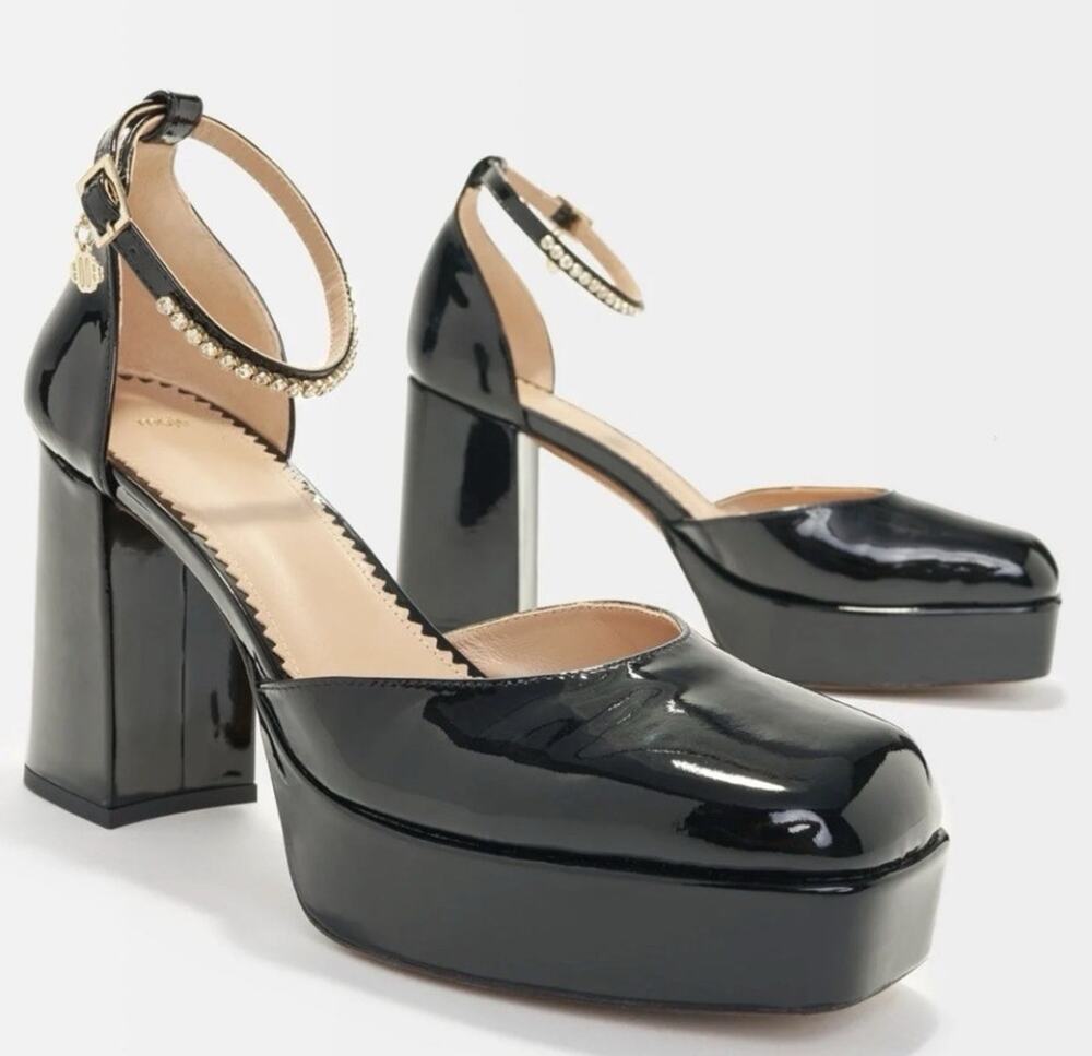 Maje Patent Leather Platform Black Heels size 38 Rhinestone Ankle Y2K Retro